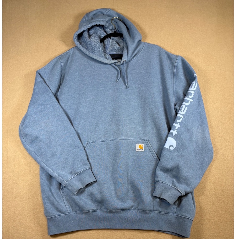 Carhartt Mens XL Loose Fit Sleeve Logo Hoodie Blue Heavyweight Sweatshirt